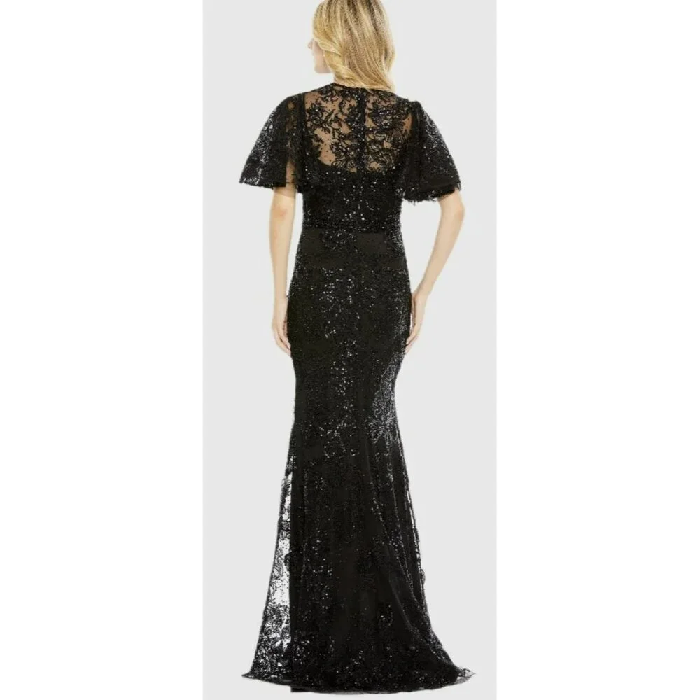 Mac Duggal Sequins Jersey Flutter Sleeve Formal Gown Maxi Dress Sz 10 NWT - Picture 2 of 8